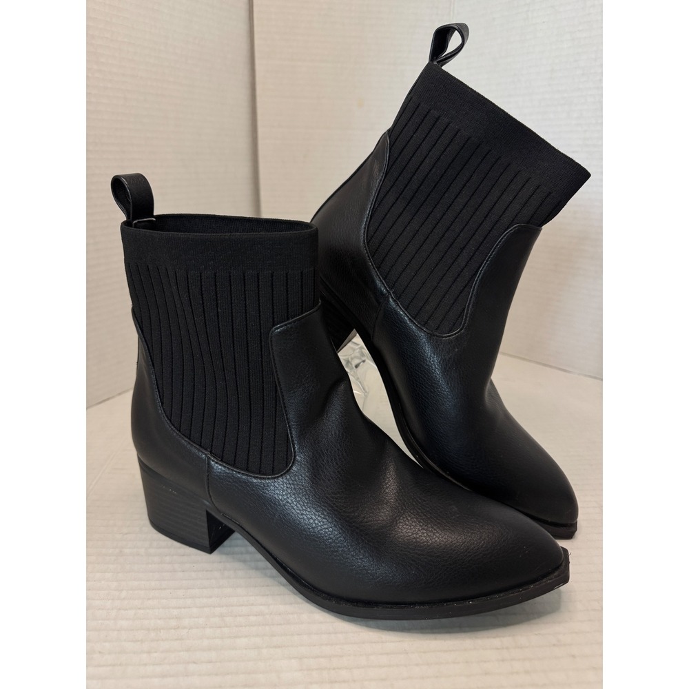 CL by Laundry Ankle Boot Women 9.5 Black Ribbed Knit Sock Pointed Toe Block Heel